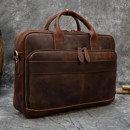 Leather Men Briefcase Vintage 16 inch Big Business Laptop Handbag