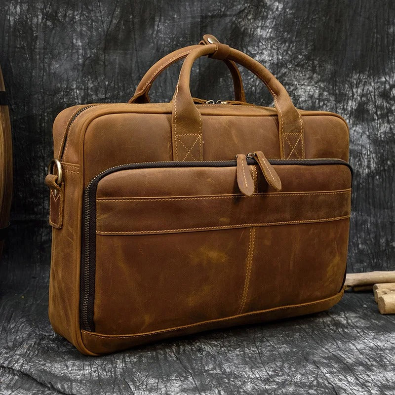 Leather Men Briefcase Vintage 16 inch Big Business Laptop Handbag